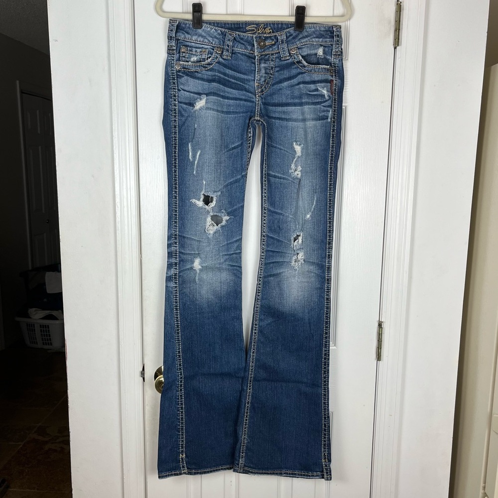 Silver Jeans Distressed Low Rise Frances 22” Flare Jeans